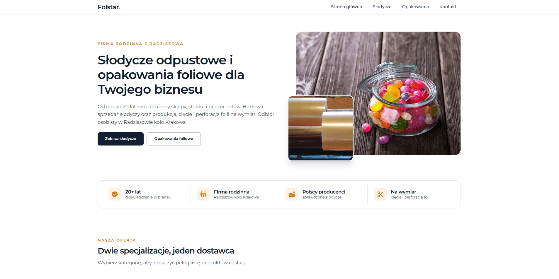 Strona główna mikroperforacja.pl: nagłówek ze zdjęciem słodyczy i rolek folii, pod nim pasek zaufania